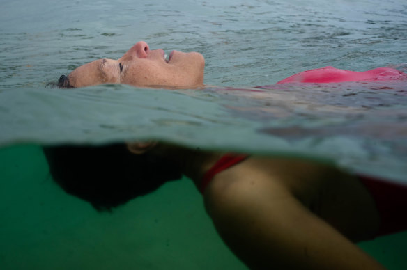 Susan Woodland swims across the bay at Bondi frequently, but last year she was frightened in big surf and floated for 15 minutes.  