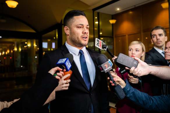 Jarryd Hayne leaving court in 2021 after he was convicted of sexual assault without consent.