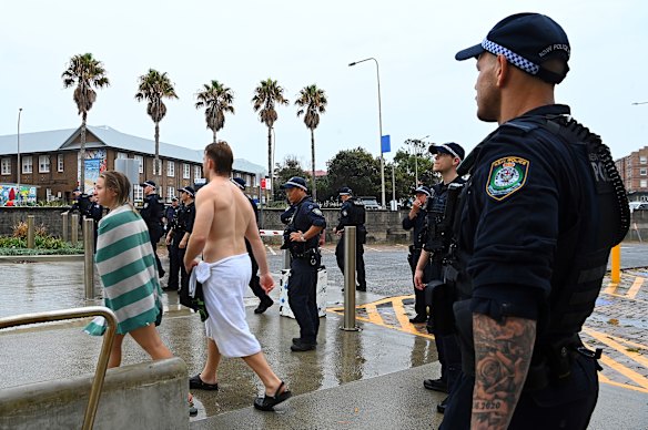 NSW police near the Bondi Pavilion ahead of Herzog’s visit. 