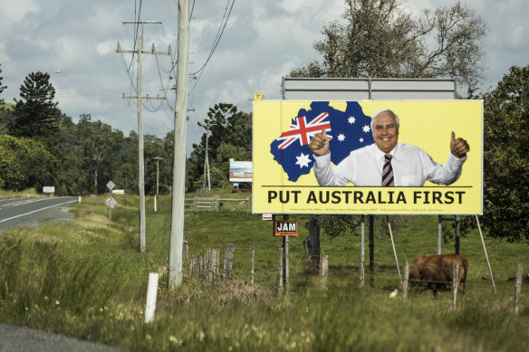 A Clive Palmer’s United Australia Party billboard on the Bruce Highway near Mackay during the 2019 federal election. 