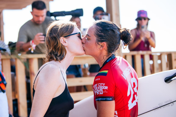 Tyler Wright and her wife Lilli Baker during the El Salvador Pro in June.
