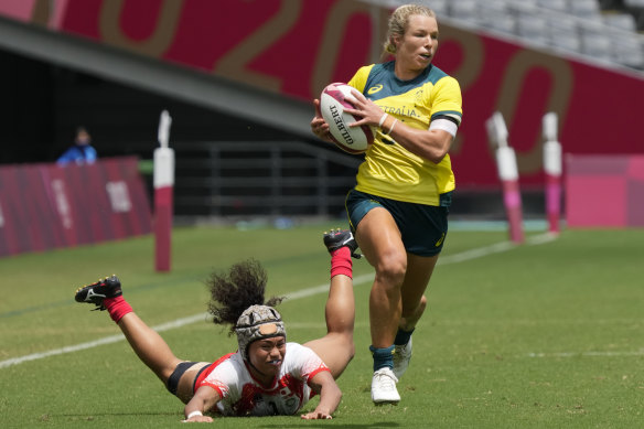 Emma Tonegato, pictured playing rugby sevens at the 2020 Olympics, was a revelation for the Dragons this year.