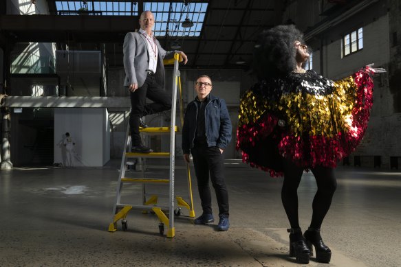 Director of Carriageworks’ First Nations programs Jacob Boehme, Carriageworks CEO Blair French, and First Nations drag queen Nana Miss Koori. 