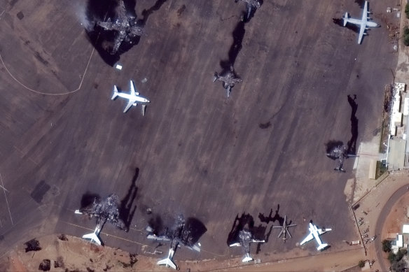 Satellite images show destroyed aeroplanes in Khartoum International Airport on Monday.