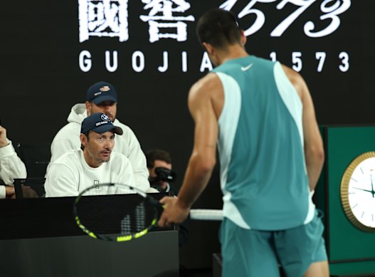 Juan Carlos Ferrero coaches Carlos Alcaraz at the Australian Open in January.