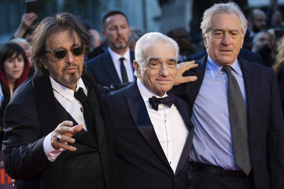 Martin Scorsese, centre, with stars Al Pacino, left, and Robert De Niro at the premiere of The Irishman in London on Sunday.