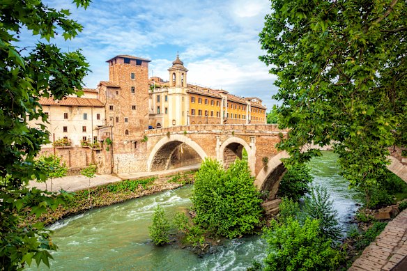 Tiber Island and Fabricius Bridge on the river Tiber.