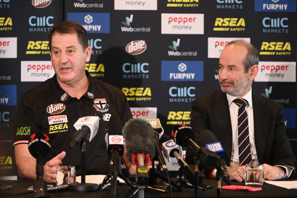 Lyon with St Kilda president Andrew Bassat at the announcement of the coach’s return.