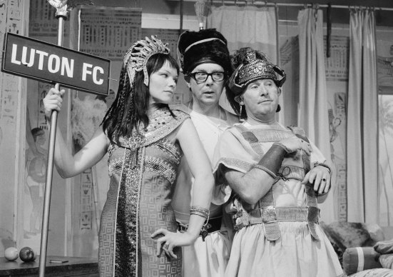 Comedians Eric Morecambe (centre) and Ernie Wise in a sketch with actress Glenda Jackson for the BBC television series ‘The Morecambe and Wise Show’, 1971.