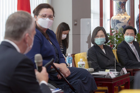 In this photo released by the Taiwan Presidential Office, President Tsai Ing-wen, second right, and Foreign Minister Joseph Wu, right, listen as Republican senator Dan Sullivan of Alaska at left speaks next to Democratic senator Tammy Duckworth of Illinois in Taipei, Taiwan, on Sunday.