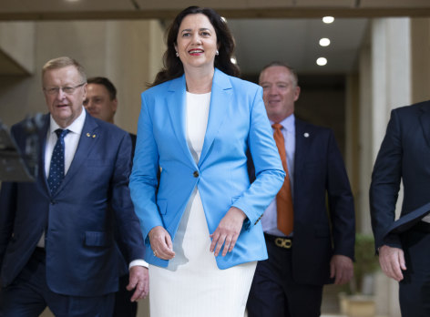Premier Annastacia Palaszczuk speaks about the 2032 Brisbane Olympic Games bid, at Queensland Parliament House in February.