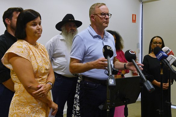 Prime Minister Anthony Albanese talks to the media in Alice Springs on January 24. 