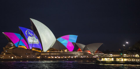 The Everest barrier logo and trophy  projected on the sails of the Opera House in 2018.