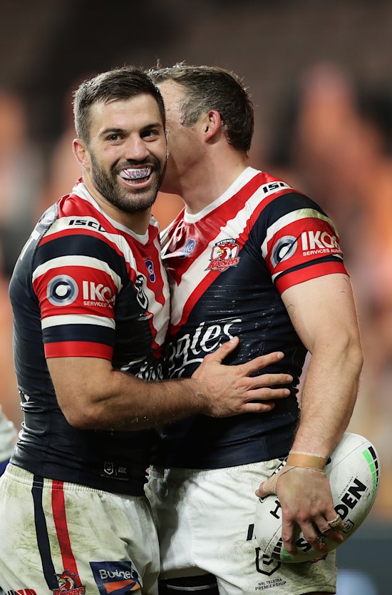All smiles ... Teddy celebrates after a Brett Morris try on Monday night.