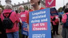 Campaigners in Parliament Square in favour of the proposed bill to legalise assisted dying in London.
