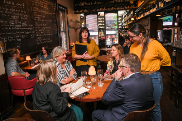 Jane Tschappeller looks after pre-theatre guests at Punch Lane restaurant on Little Bourke Street.