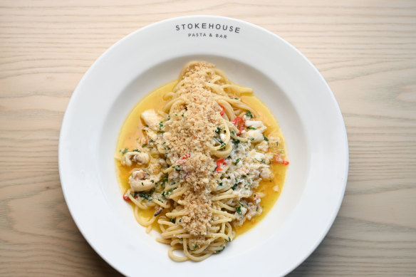Crab and chilli spaghetti is topped with fried breadcrumbs for textural contrast.