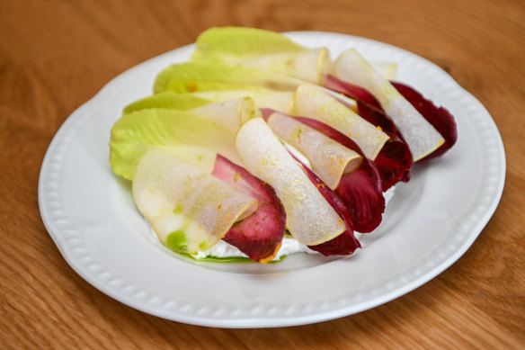 Witlof, thinly sliced nashi pear and whipped goat’s curd: one of the kitchen’s best dishes.