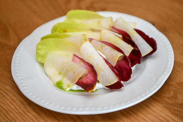 Witlof with thinly sliced nashi pear and whipped goat’s curd.
