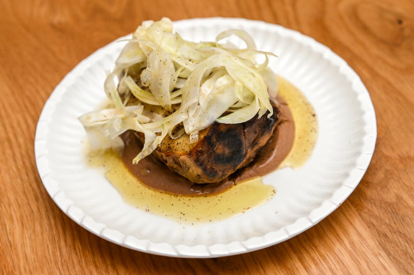 Crowned with shaved fennel, celeriac confit rides the line between sweet and savoury.