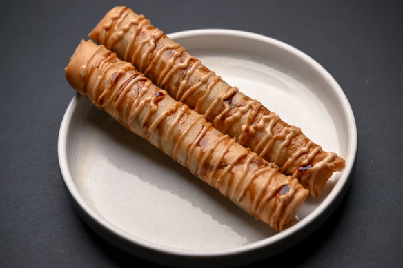 Spring rolls stuffed with sweet potato noodles and black fungus.