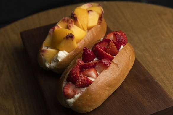 Peach and strawberry fruit rolls with creamy frills of mascarpone.