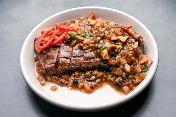 Retired dairy cow steak in pepperberry sauce.