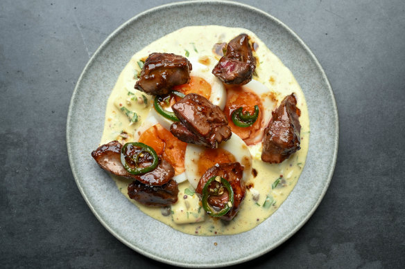 Go-to dish: Chicken livers with eggs and gribiche.