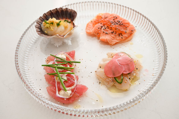 A tasting plate of raw tuna, salmon, kingfish and scallop relies too heavily on sauces and garnishes.