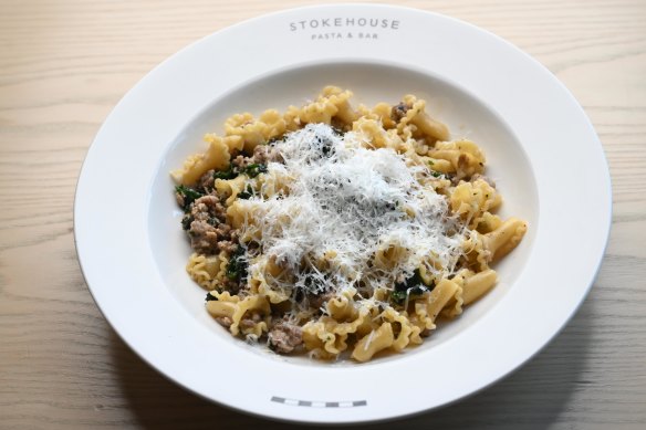 Deftly seasoned campanelle pasta in a white ragu with pork and fennel sausage.