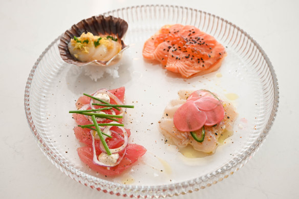 A tasting plate of raw tuna, salmon, kingfish and scallop relies too heavily on sauces and garnishes.