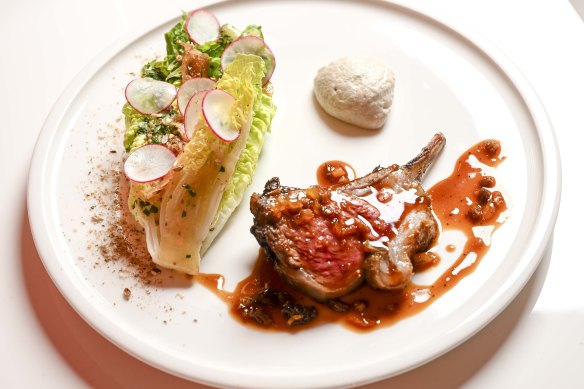 Chef Charlie Carrington’s Tasmanian lamb chop with smoked eggplant, cos and spring vegetables.
