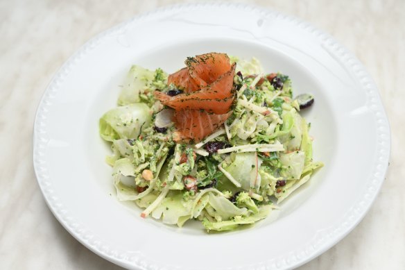Broccoli salad with (optional) cured salmon.