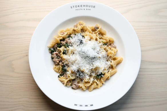 Deftly seasoned campanelle pasta in a white ragu with pork and fennel sausage.