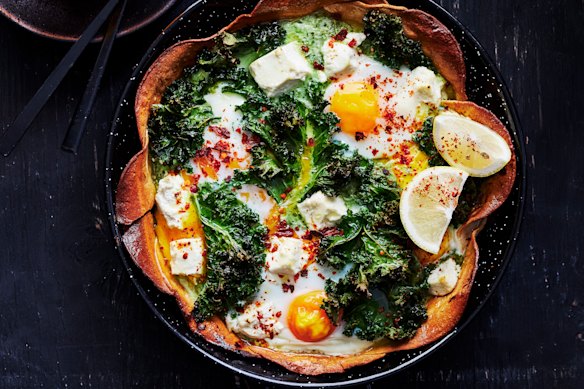 Super-green baked chilaquiles with eggs.