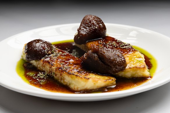 Grilled halloumi with commandaria-poached figs.