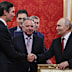 Russian President Vladimir Putin, right, greets US President Donald Trump’s envoys Jared Kushner, left, and Steve Witkoff, centre, at the Kremlin.