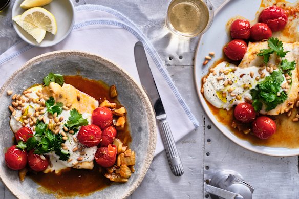 Fish with tomatoes, harissa and fennel.