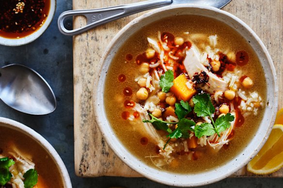 Danielle Alvarez’s chicken, pumpkin, chickpea and rice soup with spiced chilli oil.