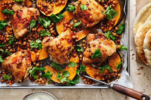 Julia Busuttil Nishimura’s one-pan chicken with pumpkin, coriander and chickpeas.