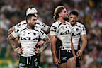 Broncos players Adam Reynolds and Patrick Carrigan react during a loss to the Warriors.