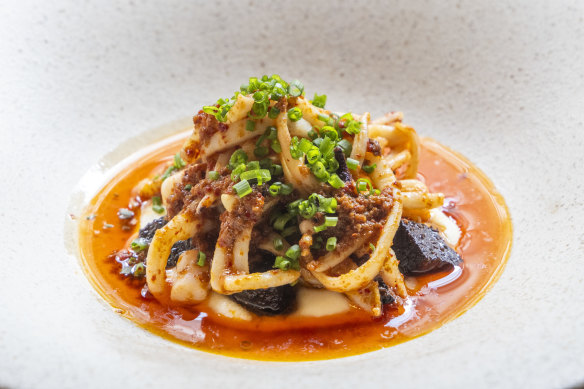 Arrowhead squid is served with ’nduja, morcilla and celeriac.