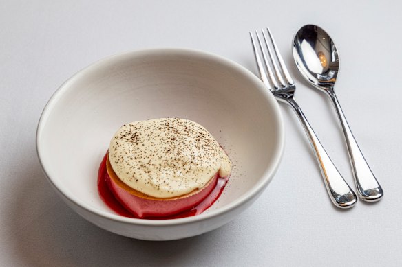 Rhubarb sherbet, burnt vanilla and white chocolate.