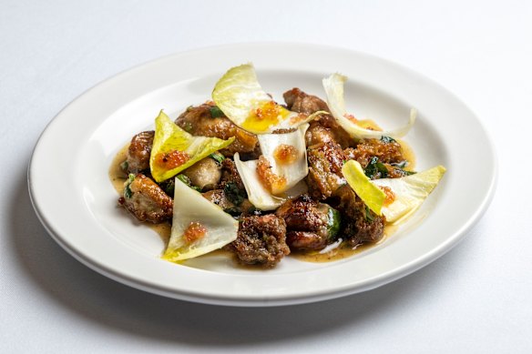 Lamb sweetbreads with finger lime, witlof and brown butter.