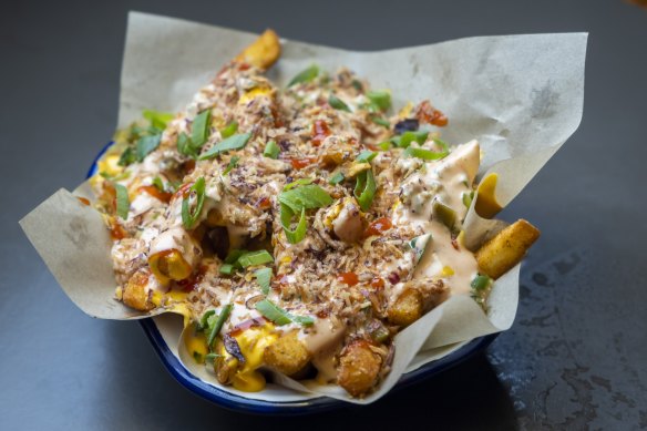 The Middle Eastern loaded fries topped with crispy shallots, cheesy jalapenos and various chilli sauces.