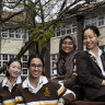 Sydney girls HSC students Ally Xie, Sofia Malik, Rozana Abonty and Stephanie La following their completion of the HSC English advanced paper 1 exam. Sydney Girls High.