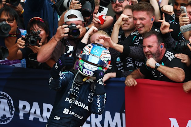 Kimi Antonelli celebrates after his win in Austin.