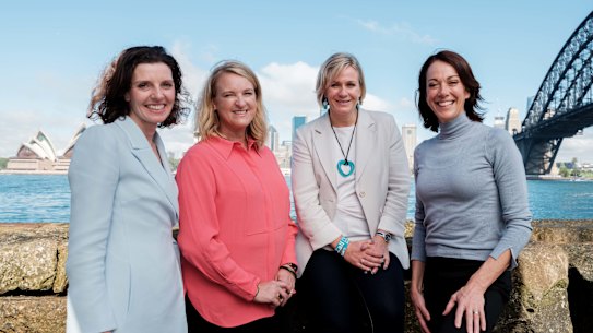 Teal independents Allegra Spender (Wentworth), Kylea Tink (North Sydney), Zali Steggall (Warringah) and Sophie  Scamps (Mackellar) in Sydney on Saturday.