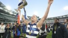 THE AGE SPORT/NEWS: Joel Selwood, captain of the Cats celebrates with the Premiership Cup after winning the 2022 AFL Grand Final match between the Geelong Cats and the Sydney Swans at the MCG on September 24, 2022 in Melbourne, Australia. Photo by Scott Barbour