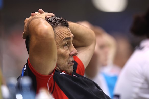 Shane Flanagan watches on as the Dragons slump to defeat against Manly on Friday night.